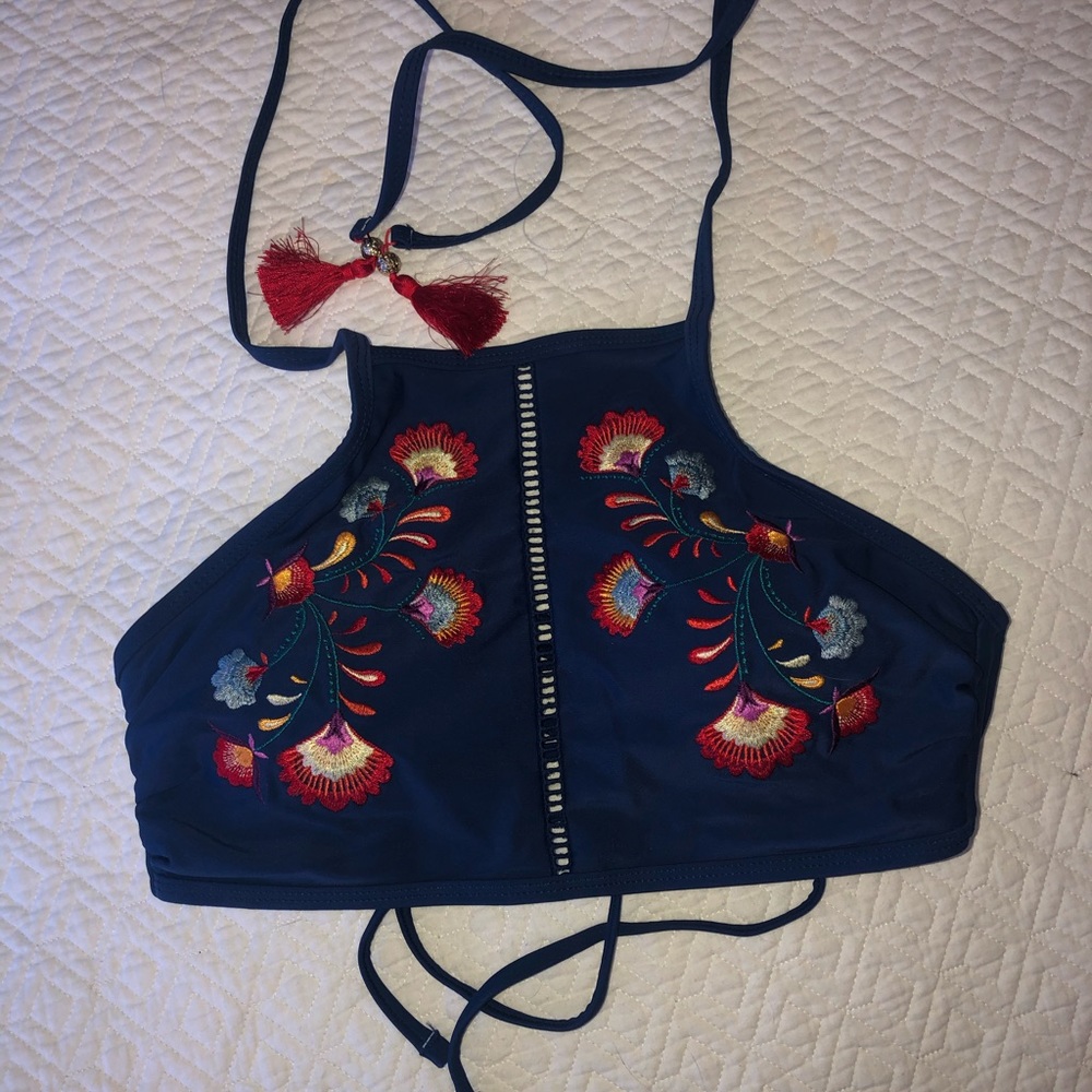 Navy Blue Embroidered Halter Bathing Suit Top